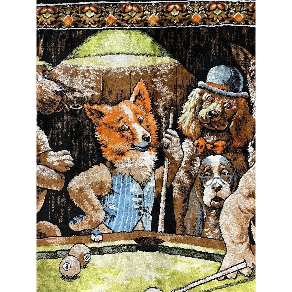 Vtg P&C Wall Tapestry Dog Pool Billiard Man Cave Made In Italy Bar Decor 38x56